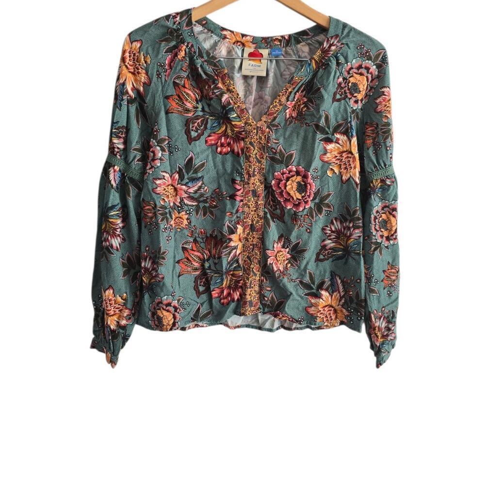 FARM Rio Anthropologie Boho Paola Floral Peasant Blouse Top Shirt Flowy XS